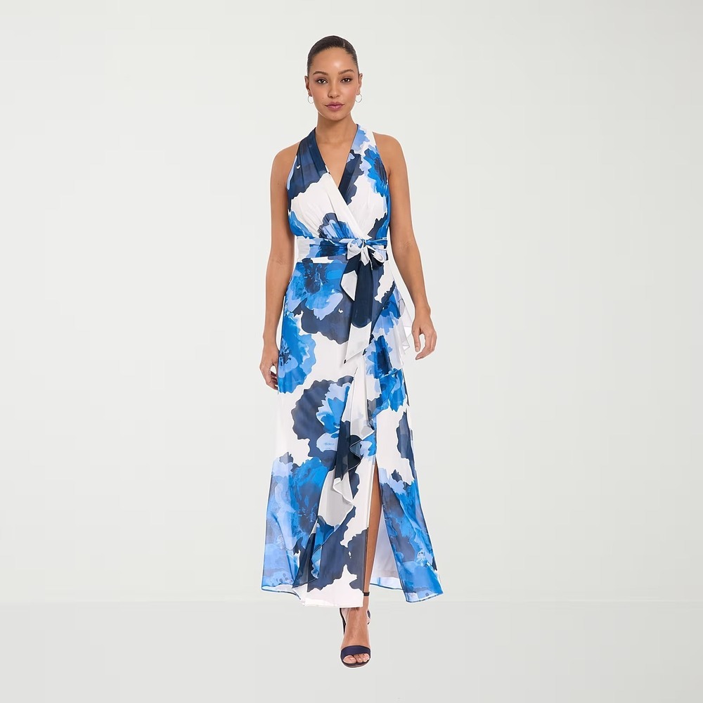 MSRP $94 London Style Womens 6 Blue Floral V Neck Sleeveless Maxi Dress